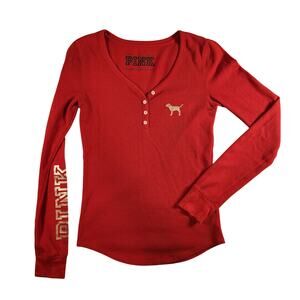 Victoria's Secret PINK Waffle Knit Henley Red & Gold Long Sleeve Fitted Tee - S